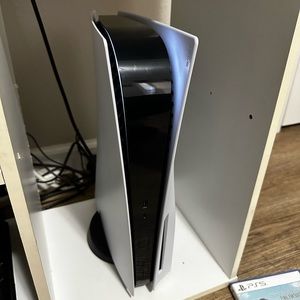 White PS5 Disc with Two Controllers, Charging Port and Game